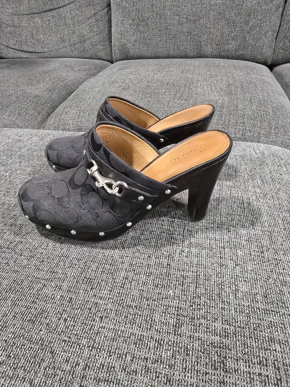 Coach Black Studded Chain-Accent High Heel Mules